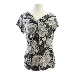 Ann Taylor Short Sleeve Black and White Floral Top with Twist Front Medium